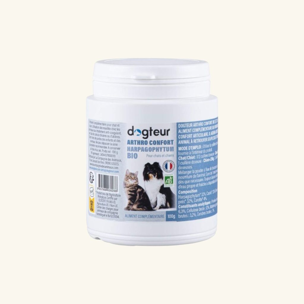 Dogteur Arthro Confort Harpagophytum Bio, soutien articulaire naturel pour chiens et chats souffrant de douleurs articulaires.