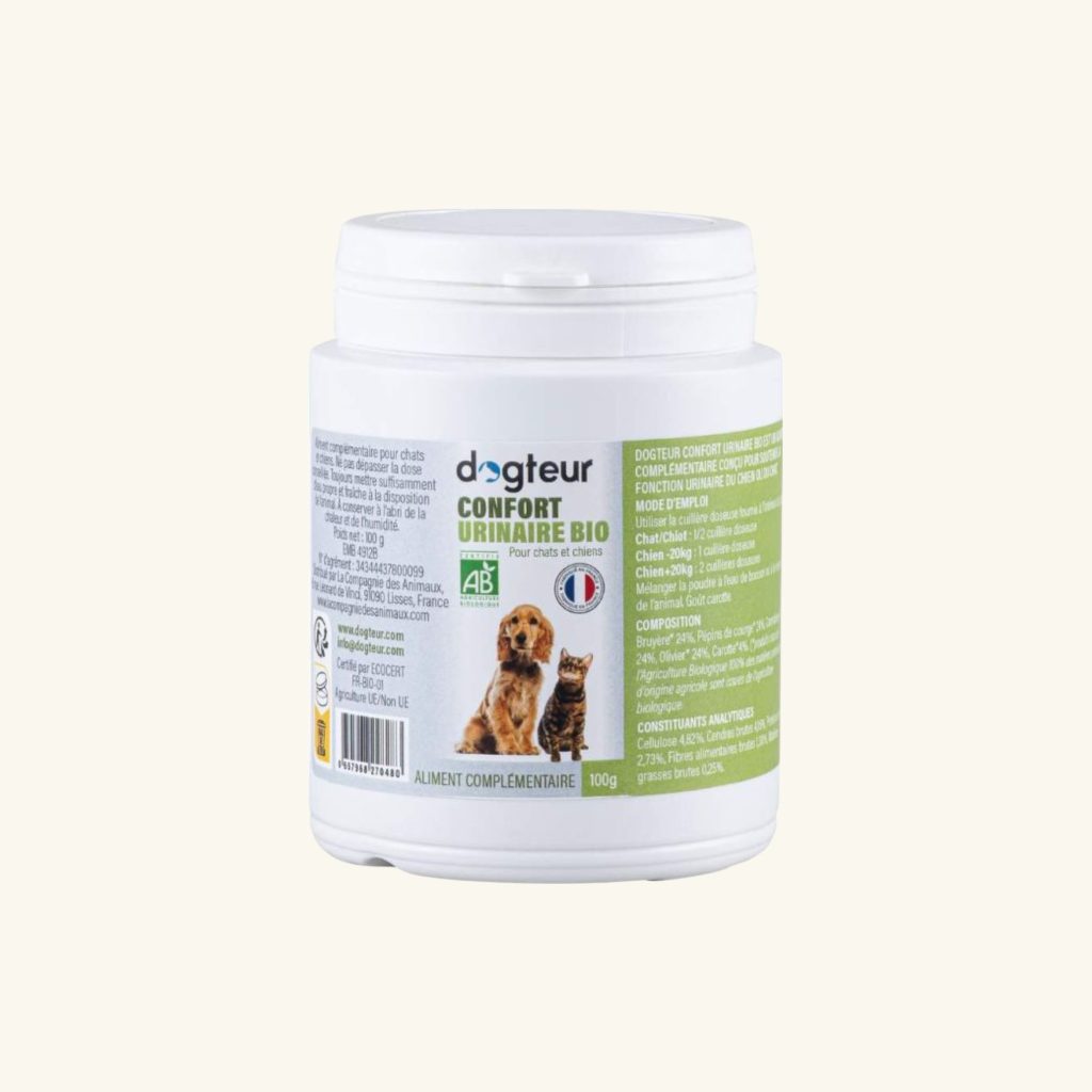Dogteur Confort Urinaire Bio, complément pour favoriser une bonne santé urinaire chez les chiens et les chats.