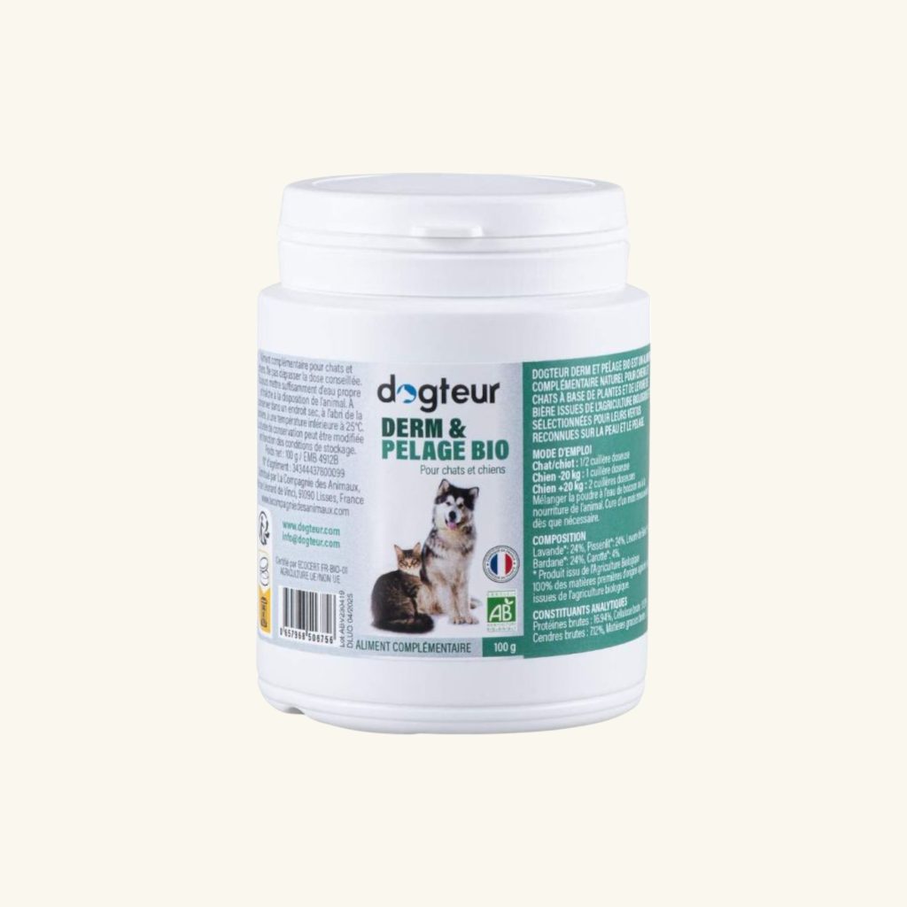 Dogteur Derm & Pelage Bio, complément pour un pelage brillant et une peau en bonne santé chez les chiens et les chats.