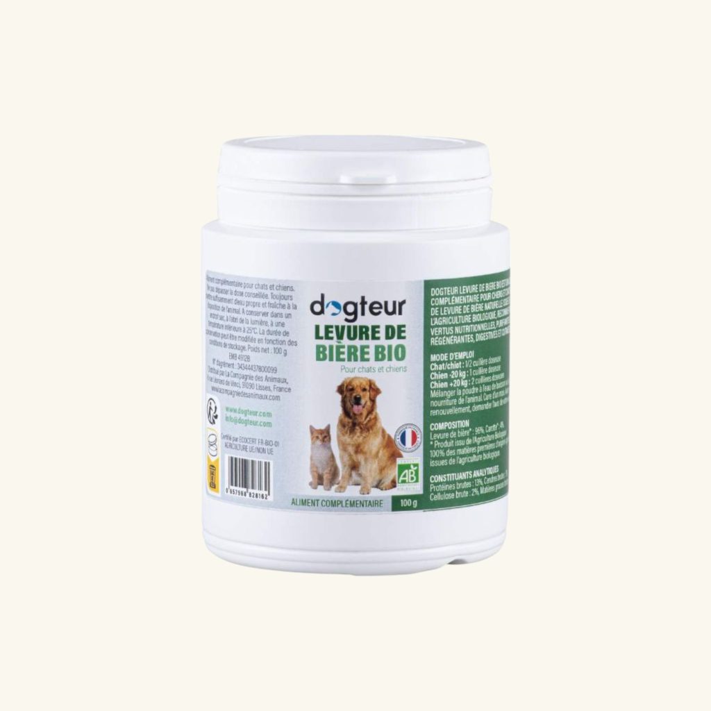 Dogteur Levure de Bière Bio, complément riche en vitamines pour la santé des chiens et des chats.