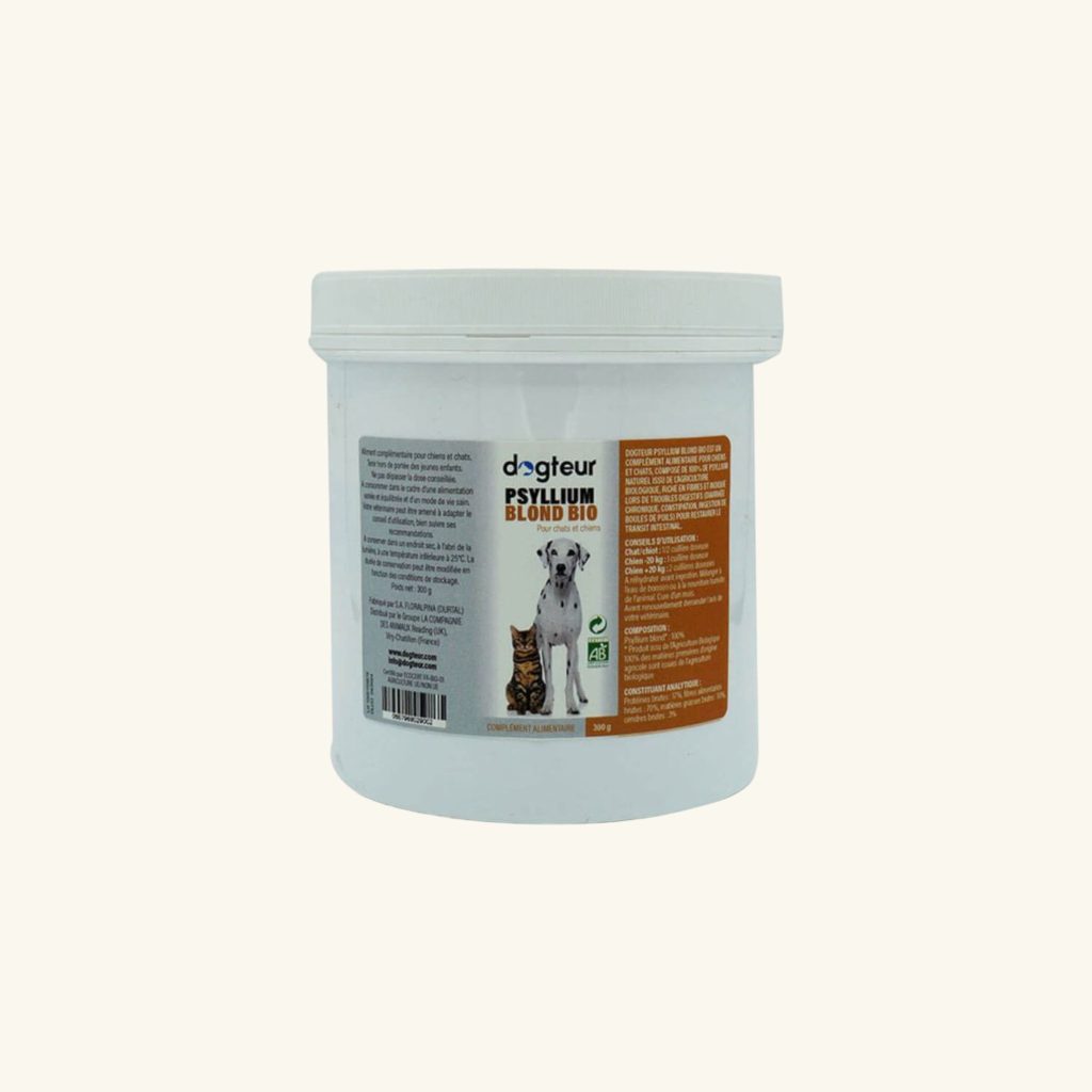 Dogteur Transit au Psyllium Bio, complément pour améliorer le transit intestinal chez les chiens et les chats.
