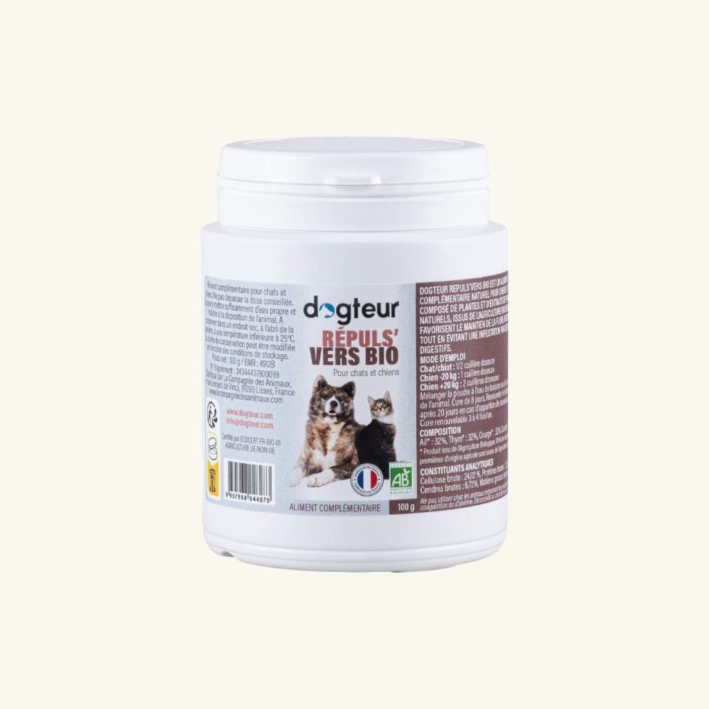Dogteur Répuls' Vers Bio, solution naturelle pour aider à lutter contre les vers chez les chiens et les chats.