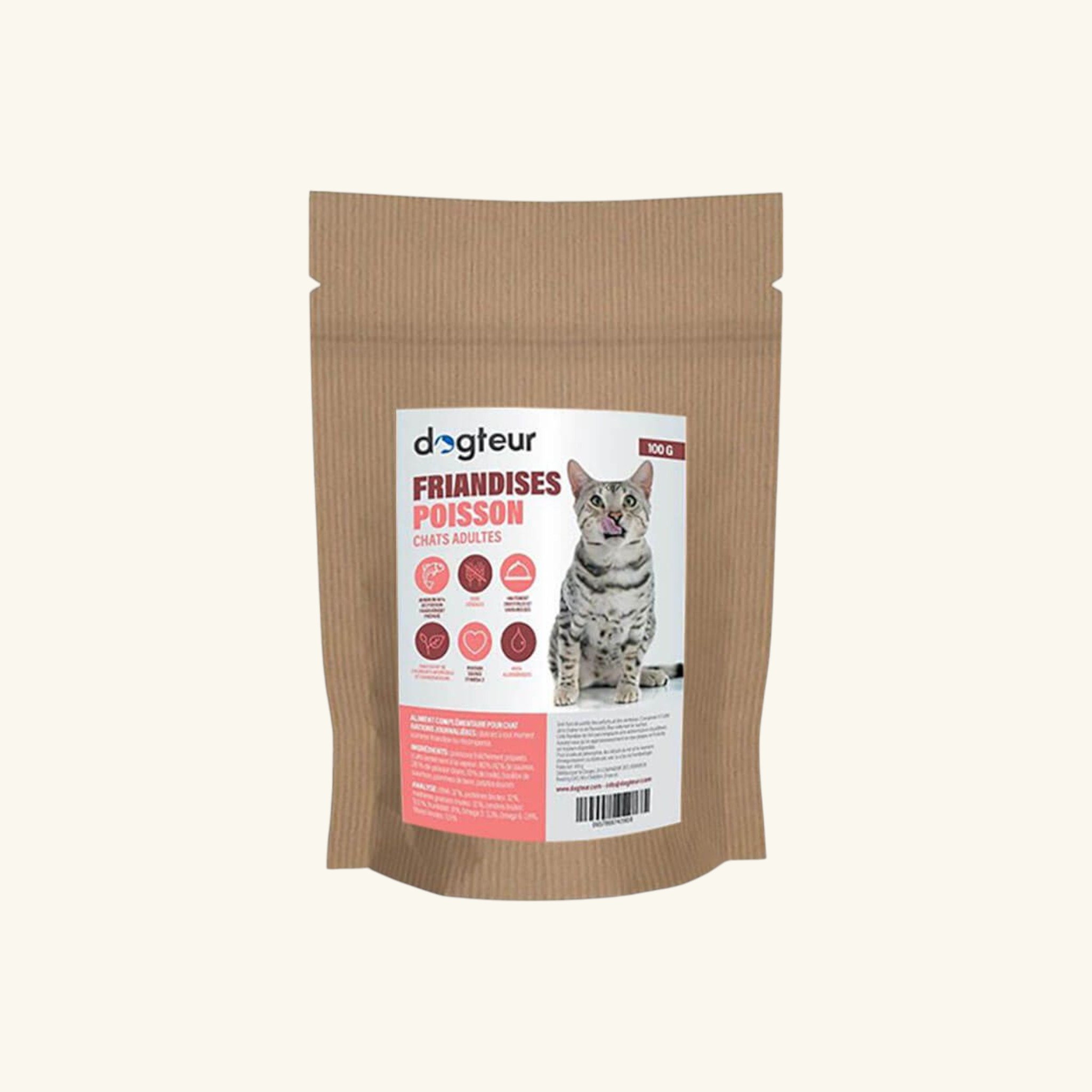 Dogteur Friandises pour chat saveur poisson, snack sain et savoureux sans céréales pour le plaisir de votre chat.