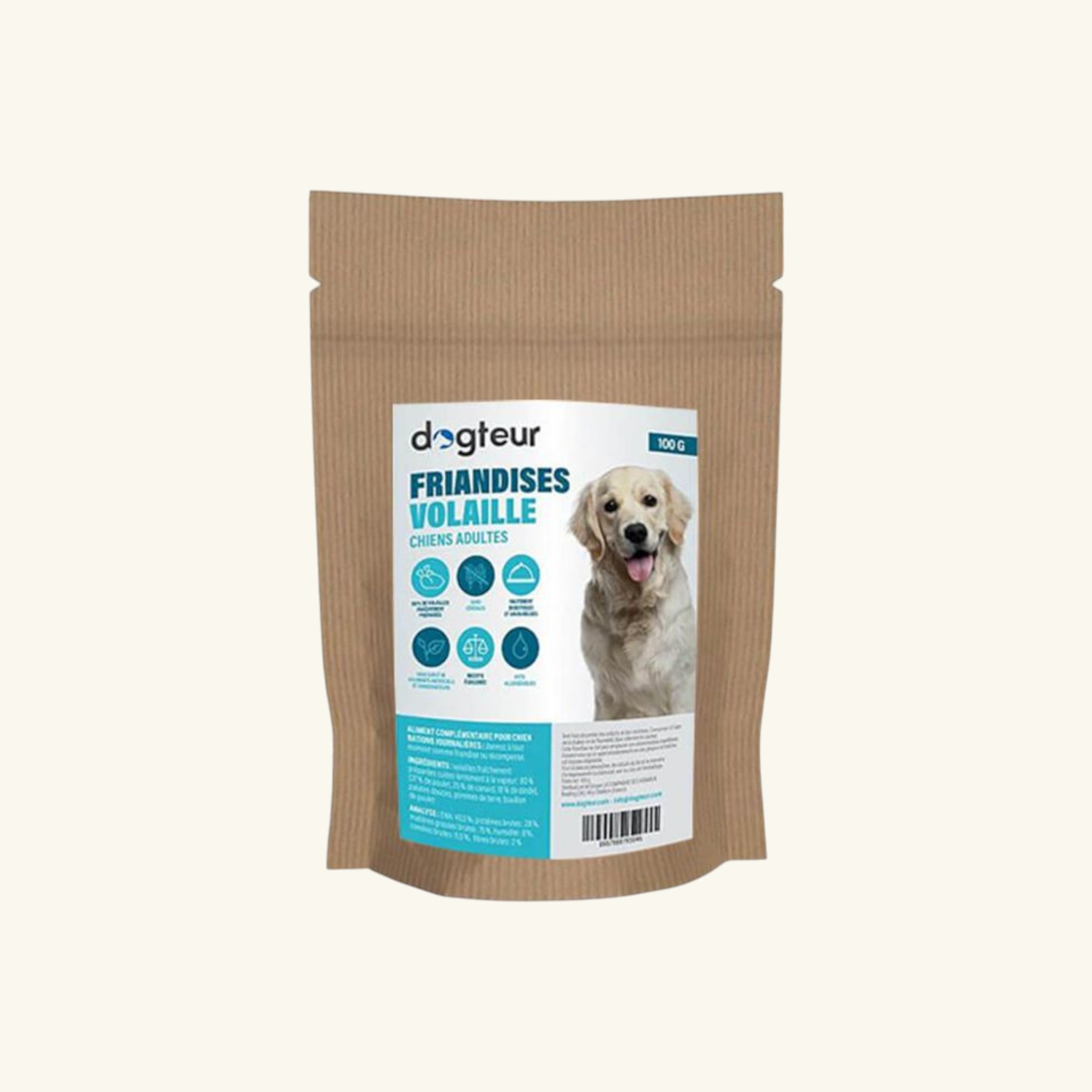 Dogteur Friandises sans céréales pour chiens, saveur volaille, snack équilibré et savoureux.