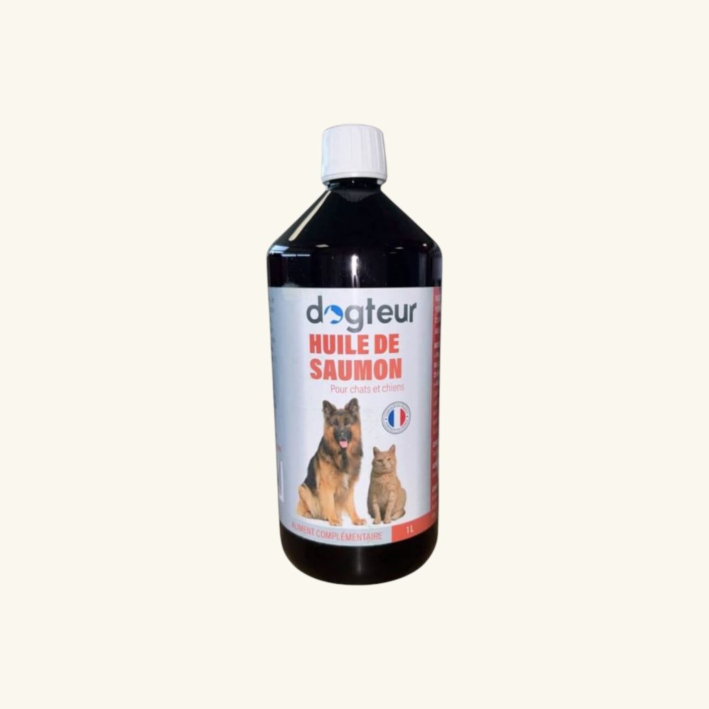 Dogteur Huile de Saumon, complément riche en oméga-3 pour une peau et un pelage en bonne santé.